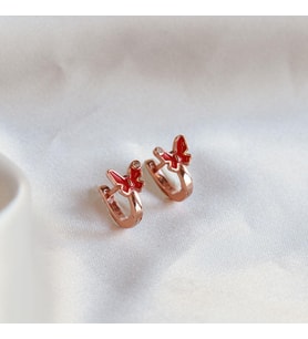 Kırmızı Kelebek Model Mini Zirkon Taşlı Rose Gold Kaplama Gümüş Çocuk Küpesi