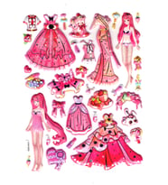 Sticker Kabartmalı Stiker Çıkartma Etiket (LAA609)-14x18 cm- Fuşya Kız Prenses Giydirme