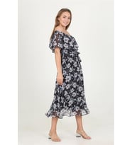 Neşeli butik kadın madonna yaka kuşaklı desenli şifon elbise RY10037 (Siyah)