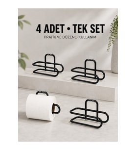 Yapışkanlı WC Kağıtlık Siyah Metal 4 Adet Rulo Askısı