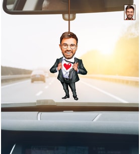 Kişiye Özel Karikatürlü Kalpli Adam Ahşap Araba Dikiz Ayna Süsü