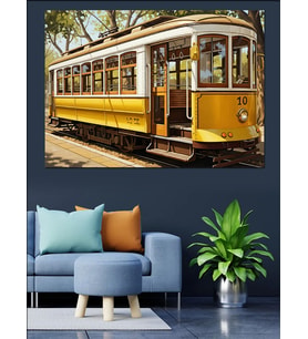 Nostaljik Sarı Şehir Tramvayı Dekoratif Kanvas - Mdf Ahşap Tablo