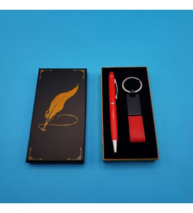 Kutulu Kırmızı Deri Anahtarlık Touchpen Tükenmez Kalem Hediye Seti (Krem)