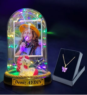 Sizlere Özel Renkli Led Işıklı Fanus ve Kelebek Kolye Hediye Seti (Model 10)
