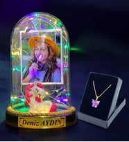 Sizlere Özel Renkli Led Işıklı Fanus ve Kelebek Kolye Hediye Seti (Model 10)