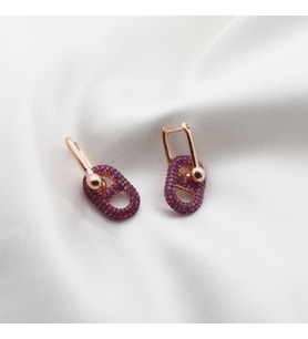 Fuşya Zirkon Taşlı Rose Gold Kaplama Düğme Gümüş Küpe