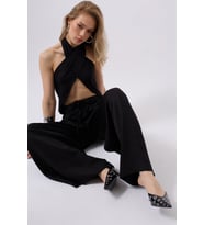 Düşük Bel Oversize Keten Pantolon (Siyah)