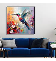 Yağlı Boya Dokulu Tablo Modern Renkli Sinek Kuşu Siyah Çerçeveli U04013