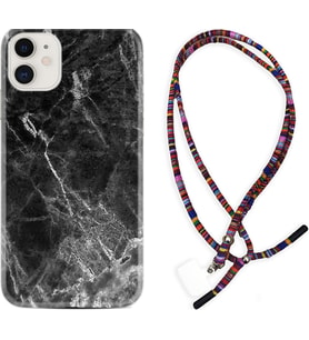 Apple iPhone 11 12 13 Mini Kılıf Boyun Asklı Rasta Silikon Kara Mermer 1375