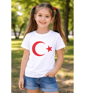 AY YILDIZLI TÜRK BAYRAKLI BEYAZ PAMUKLU PENYE KIZ ERKEK ÇOCUK BAYRAM, GÖSTERİ TİŞÖRT