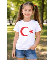 AY YILDIZLI TÜRK BAYRAKLI BEYAZ PAMUKLU PENYE KIZ ERKEK ÇOCUK BAYRAM, GÖSTERİ TİŞÖRT