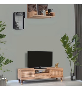 Mindy Tv Sehpası Atlantik Çam 2 Kapaklı 1 Çekmeceli Gold Halkalı Kulplu 160x36x50 Cm
