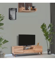 Mindy Tv Sehpası Atlantik Çam 2 Kapaklı 1 Çekmeceli Gold Halkalı Kulplu 160x36x50 Cm