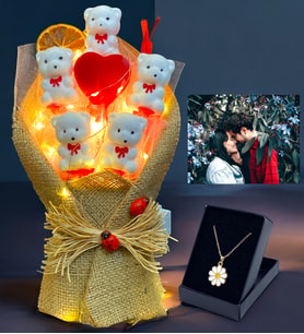 Kişiye Özel Fotoğraflı Buket Seti, Led Işıklı Tasarım Buket & Tasarım Kolye (Model 1)