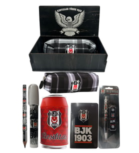 Beşiktaş Orjinal Lisanslı Kırmızı Kutu Kalemtraş Ahşap Kutulu 6'lı Kırtasiye Seti (Gri - Siyah)