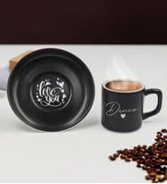 BK Gift Sevgililere Özel İsimli ve Tabak Baskılı Siyah Renk Türk Kahvesi Fincanı-1, Sevgiliye Hediye, Sevgililer Günü, Yıl Dönümü Hediyesi
