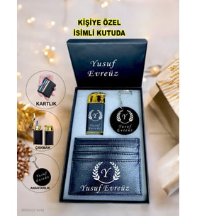 Kişiye Özel İsimli Harf Tasarım Lüks Çakmak & Kartlık & Anahtarlık 3 Lü Hediye Set Özel İsimli Kutu