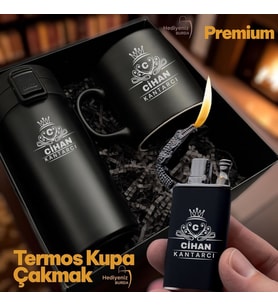 Hemen Kargo Kişiye Özel Erkek Kadın Lüks Hediye Seti - Çelik Termos Bardak Çakmak Kupa Premium Hediye Paketli