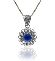 Aralık Mavi Topaz Doğum Taşı Çiçek Motifli Telkari Gümüş Kolye