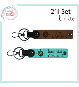 İsimli Gemi Dümeni Desenli 2’li Deri Anahtarlık Takımı, Kişiselleştirilebilir, Açık Kahve-Turkuaz