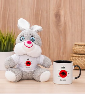 Kişiye Özel Boğa Burcuna Hediye Peluş Tavşan ve Siyah Kupa