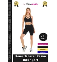 #BikerŞort İç Göstermeyen Kaymaz Şekillendirici Toparlayıcı Kemerli Lazer Kesim Biker Şort (Siyah)