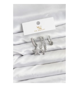 Mey İthalat® Pirinç Gümüş Renk Zirkon Taşlı Yıldız Vintage Model YSX Trio Küpe Seti
