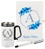 Anneye Hediye Kişiye Özel Şık Çiçek Tasarımlı Hediye Defter Kalem Ve Termos Mug Seti