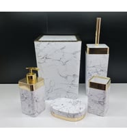 Akrilik Yapım Gold Çizgi Siyah Mermer Desen Soft Banyo Takımı 5'li Kare Banyo Seti Beyaz