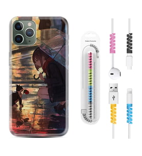 Apple iPhone 11 12 13 14 Pro Max Kılıf Kablo Koruma Spiral Silikon Kız ve Kedi 1762