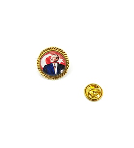 Yuvarlak Atatürk ve Türk Bayrak Baskılı Yaka Rozeti  - 1 Adet (Sarı)