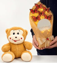 Peluş Maymun ve Led Işıklı Aynalı Kırmızı Kelebek Buketi Hediye Seti