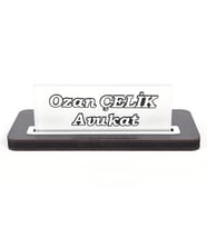 Klas Masa İsimlik Cam Baskı Seçenekli Kartvizit Bölmeli Şık Ofis Dekoru Masa İsimlik (Saks-Siyah)