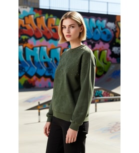 Kadın Bisiklet Yaka Düşük Kol Eskitme Efektli Regular Sweatshirt Fonksiyonel Dayanıklı Şık