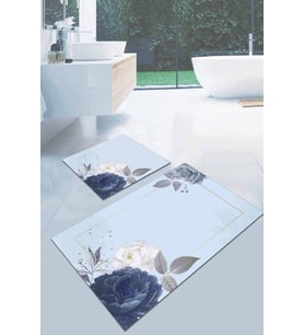 Eflatun Çiçek Temalı Banyo Halısı Klozet Paspas Seti BS007