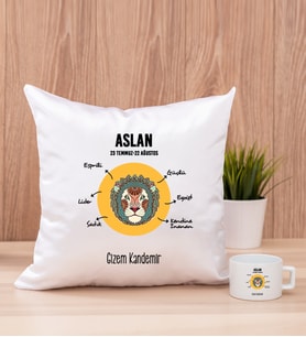 Kişiye Özel Aslan Burcuna Hediye Kare Yastık ve Fincan
