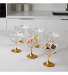 Uzun Gold Metal Ayaklı Lotus Çiçeği Kahve Yanı Cam Lokumluk Drajelik Seti – 6 Adet