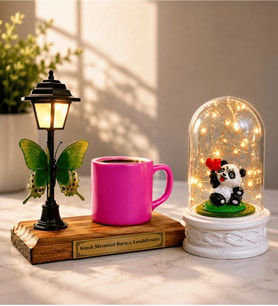 Kişiye Özel Yazılı Sokak Lambalı Pembe Türk Kahvesi Fincanı ve LED Işıklı Fanus (pandalı)