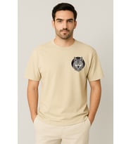 Kurt Desenli Unisex Yarım Kollu Bisiklet Yaka %100 Pamuk Oversize T-shirt (Bej)