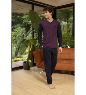 Kly 8057 Erkek V Yaka Cepli Uzun Kol Pijama Takım (Bordo)