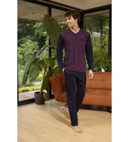Kly 8057 Erkek V Yaka Cepli Uzun Kol Pijama Takım (Bordo)