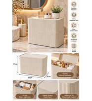 2 Katlı Kapaklı Düzenleyici Krem Renk 24x15x17 cm Çok Amaçlı Saklama Kutusu Banyo ve Makyaj Organize