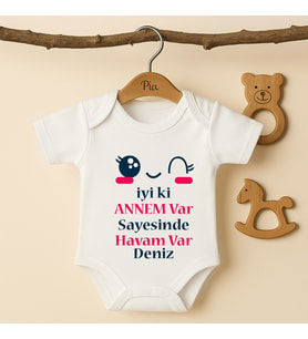 Pia Baby B43 %100 Pamuk İyi ki Annem Var Sayesinde Havam Var Yazılı İsme Özel Tasarlanabilir Bebek Body (Ekru)