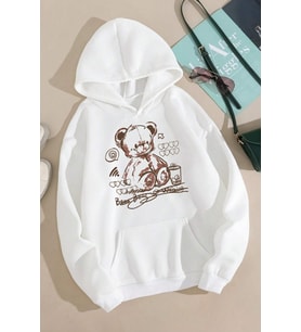 Bear Baskılı Unisex Oversize Sweatshirt (Beyaz)