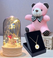 Özel Tasarım Kolye, Peluş Anahtarlık ve Led Işıklı Fanus Premium Hediye Seti (Model 2)