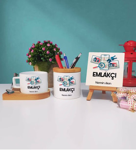 Emlakçı Tasarımlı Kişiye Özel Hediye Emlakçı Ahşap Altlıklı Fincan Kalemlik ve Dekoratif Taş Baskı Hediye Seti