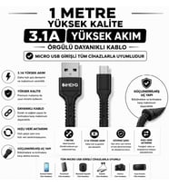 USB-A to Micro Pro Braided Örgülü Data ve Hızlı Şarj Kablosu 1 Metre Siyah