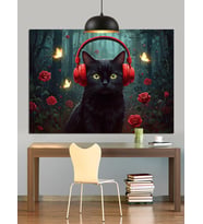 Kara Kedi Kulaklık Müzik Dekoratif Kanvas - Mdf Ahşap Tablo