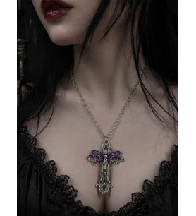 Gotik Mor Butterfly Detaylı Haç Kolye Gümüş Renk Zincir Unisex