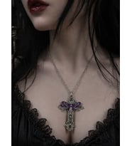 Gotik Mor Butterfly Detaylı Haç Kolye Gümüş Renk Zincir Unisex